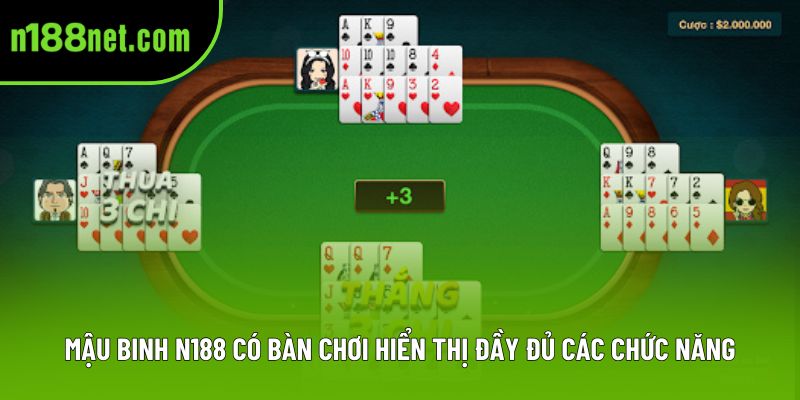 Mậu binh N188 có bàn chơi hiển thị đầy đủ các chức năng